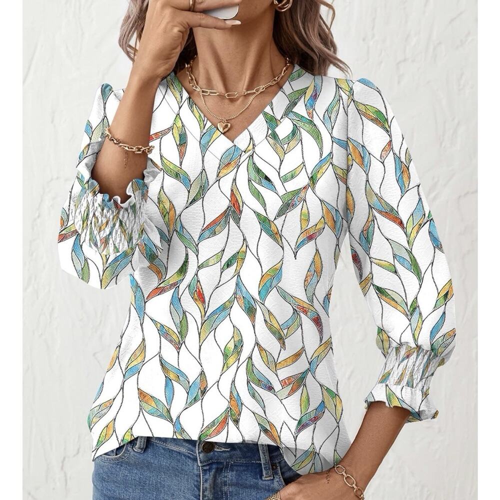Rapbin‎ 3/4 Length Puff- Sleeve Tops Summer Trendy V-Neck Blouses Leaves XL